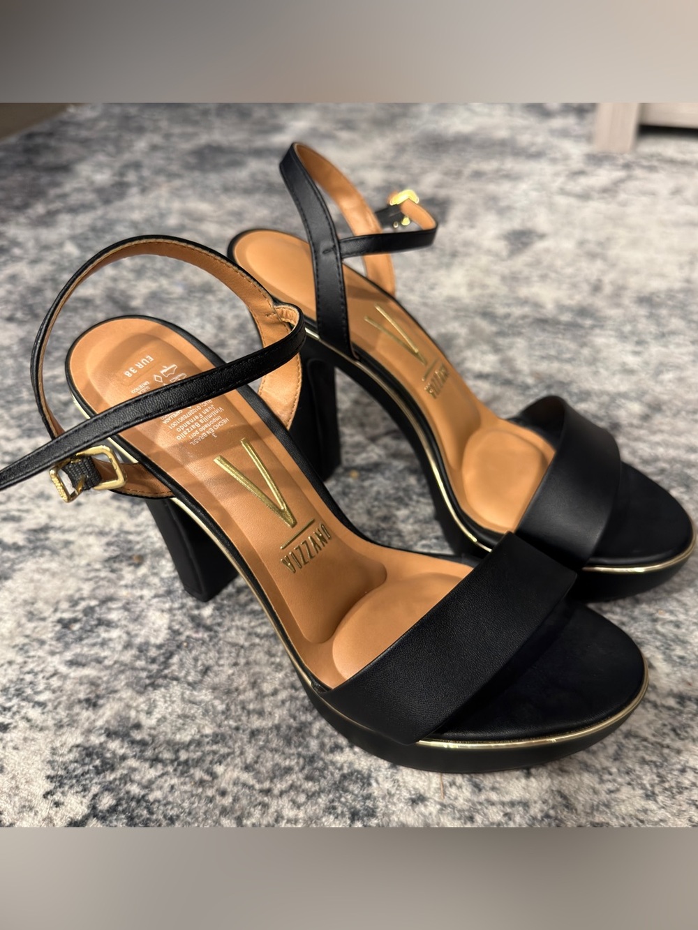Vizzano - Black Leather Ankle-Strap Platform Heels - NEW